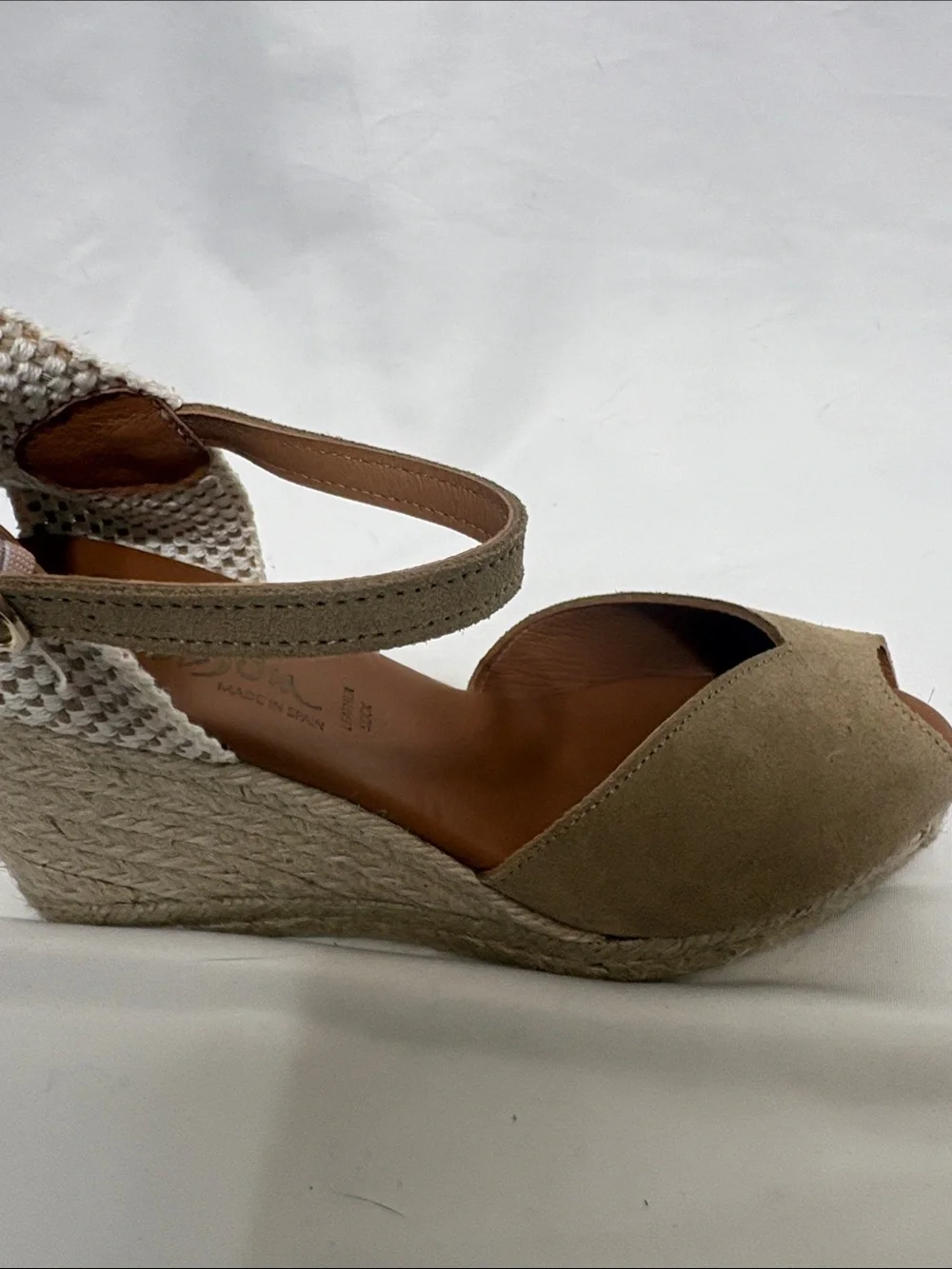 Neutral Taupe and Cream Wedge Sandals with Ankle Strap